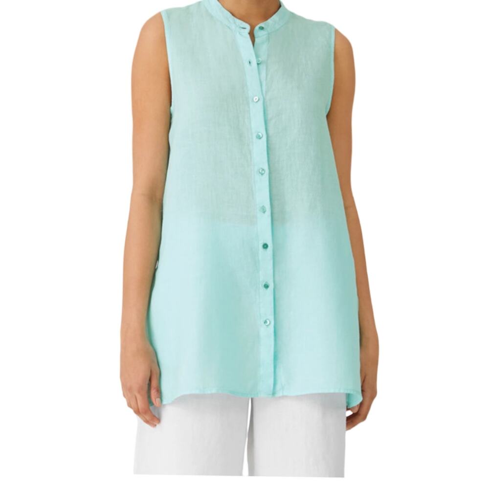Eileen Fisher Aqua Irish Linen Sleeveless Button Front Tunic Top Large